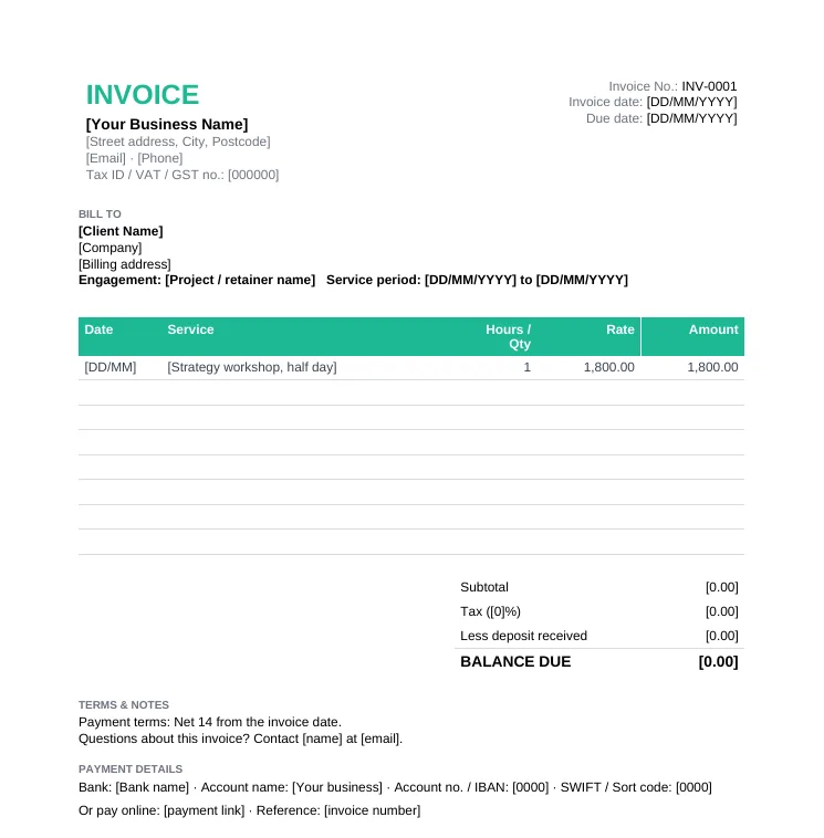 Service and consulting invoice template with service period, service dates, hours or quantity, rate, deposit deducted and balance due