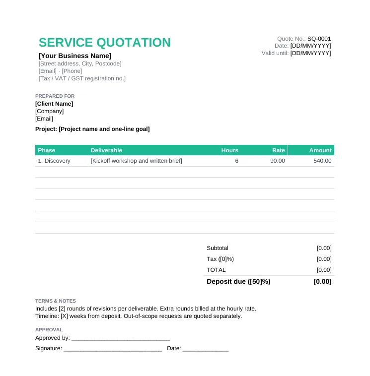 Service quotation template for freelancers and agencies with phase, deliverable, hours, hourly rate and amount columns plus a deposit line