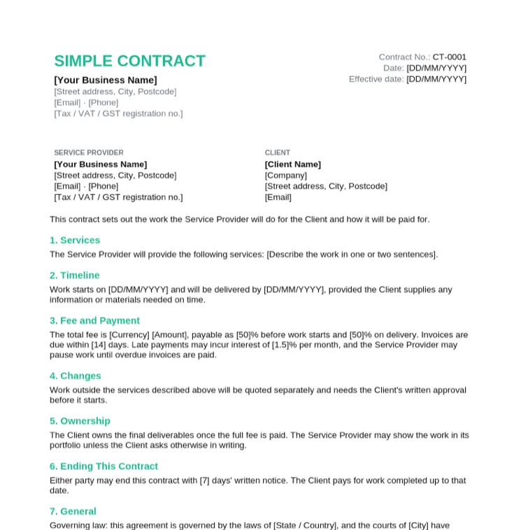 Simple contract template with service provider and client details, services, timeline, fee and payment, changes, ownership and signature lines