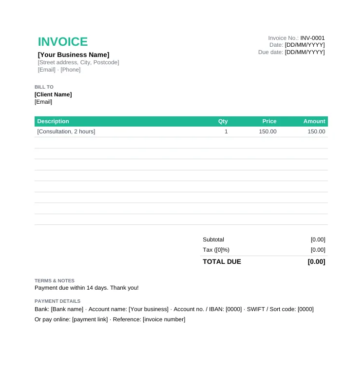 Simple blank invoice template with description, quantity, price and amount columns, subtotal, tax and total due