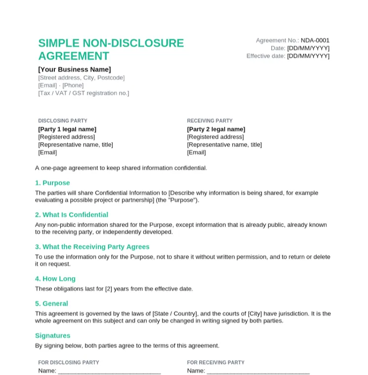 Simple one-page NDA template with purpose, what is confidential, what the receiving party agrees and duration