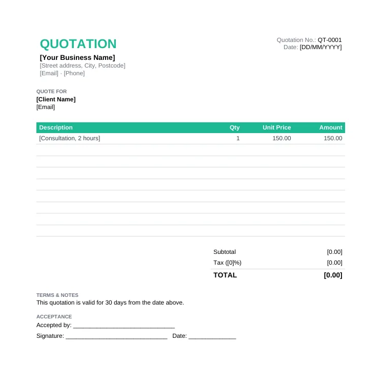 Simple blank quotation template with description, quantity, unit price and amount columns, subtotal, tax and total