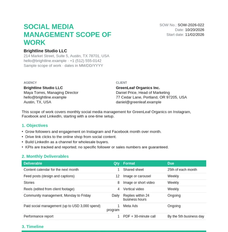 Social media management scope of work example for GreenLeaf Organics with 12 feed posts, 8 stories and 4 reels a month