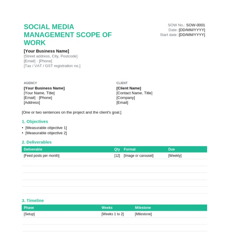 Blank social media management scope of work template with objectives, a monthly deliverables table, timeline, out of scope and payment schedule