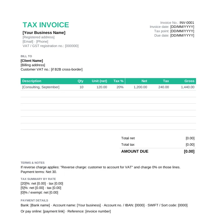 VAT and GST tax invoice template with VAT registration number, tax point, net, tax rate, tax and gross per line and a tax summary by rate