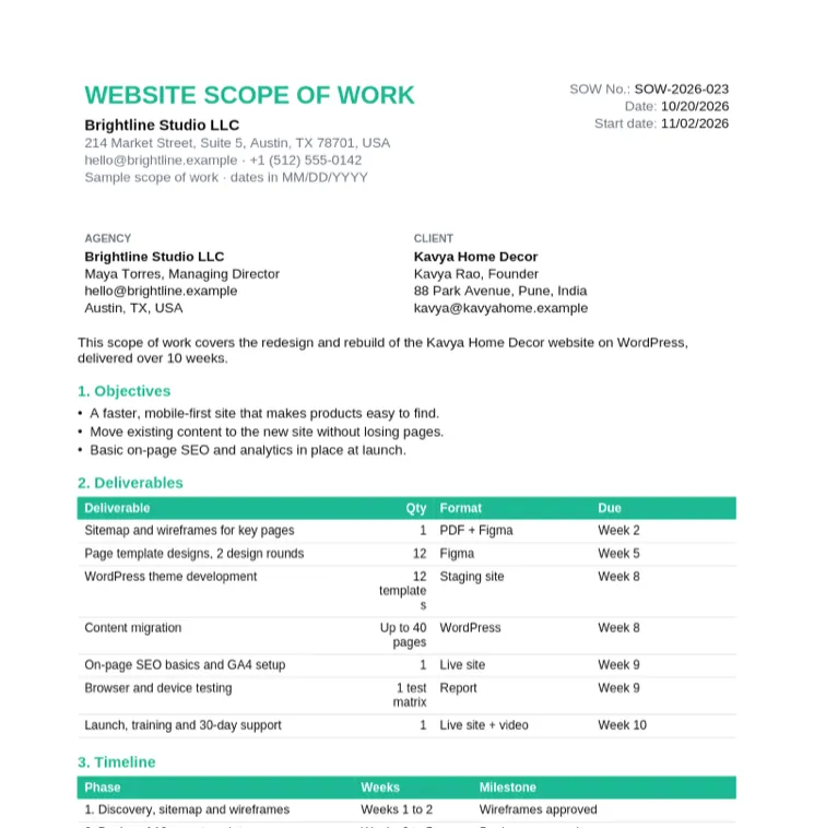 Website scope of work example for Kavya Home Decor with 12 page templates, content migration, SEO setup, testing and launch