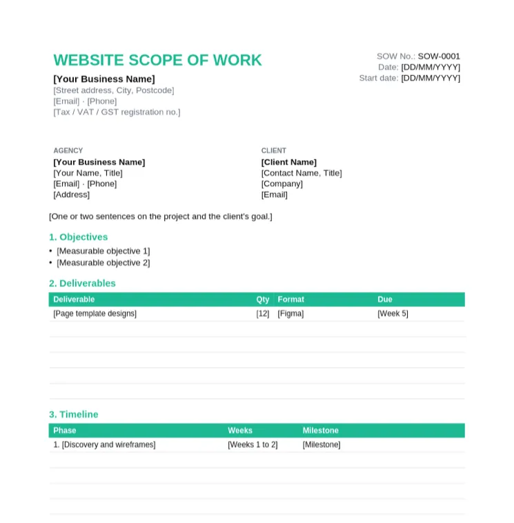 Blank website scope of work template with objectives, a deliverables table, a timeline table, out of scope, acceptance criteria and a payment schedule