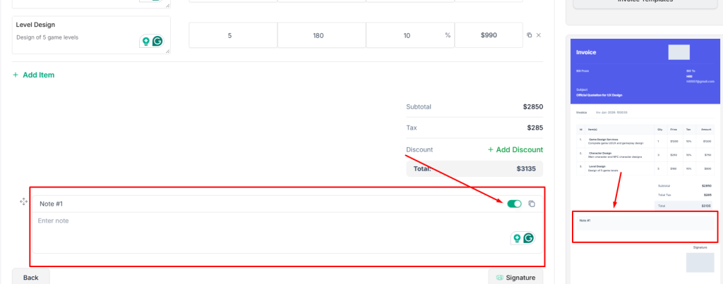 add default invoice note in Taskip