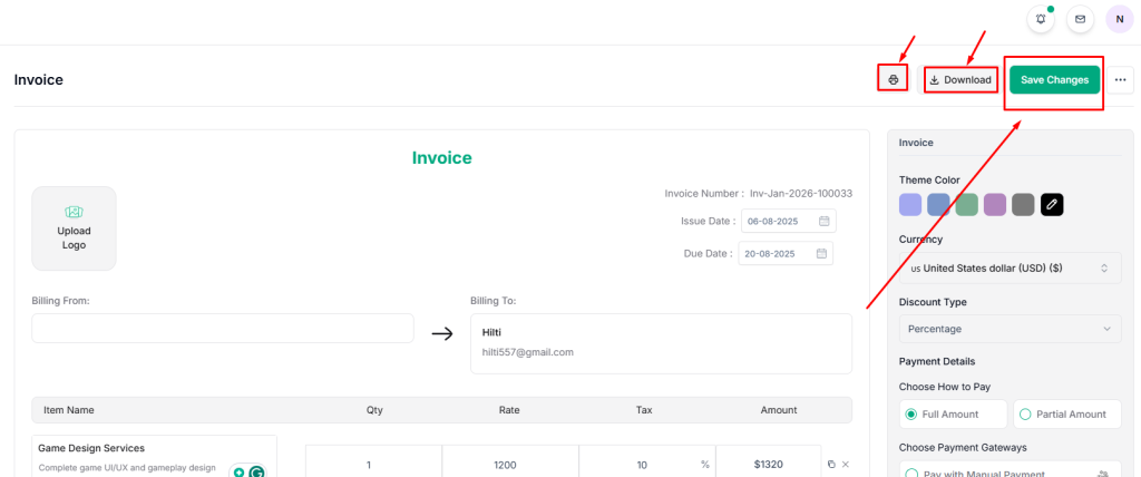 save changes ib Taskip invoice 