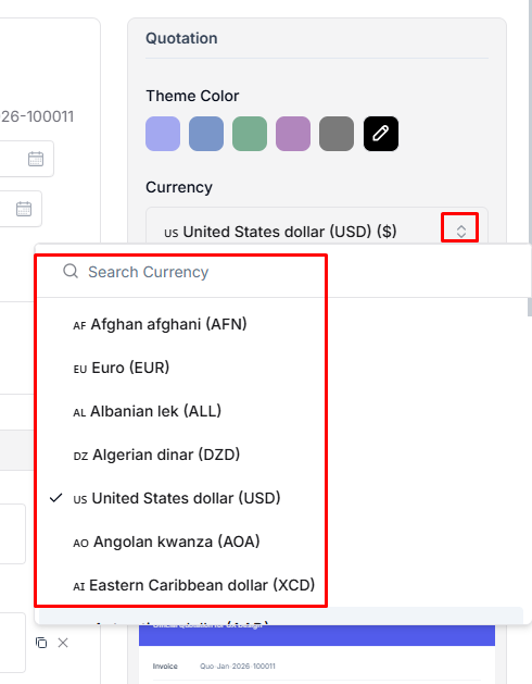 select currency for taskip quotation