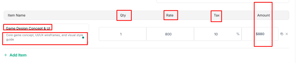 inter item details in Taskip quotation