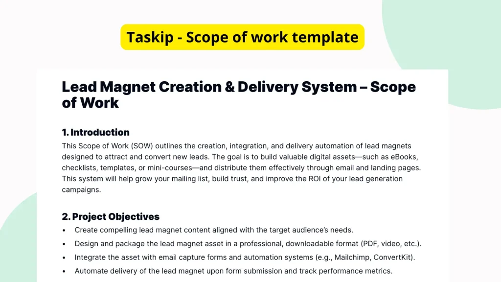 Lead Magnet Scope of Work Template | Download Delivery Funnel SOW | Taskip