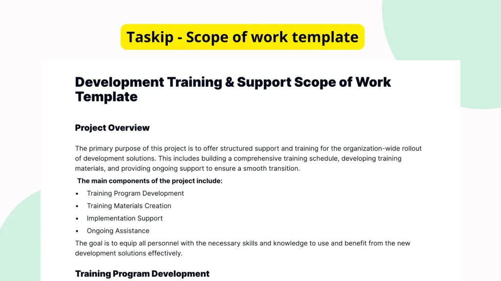 Development Training & Support Scope of Work Template