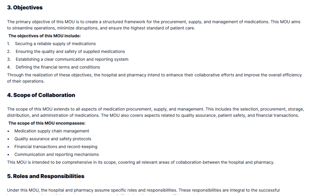 Hospital and Pharmacy Collaboration MOU Template interface on Taskip platform showing editable agreement fields