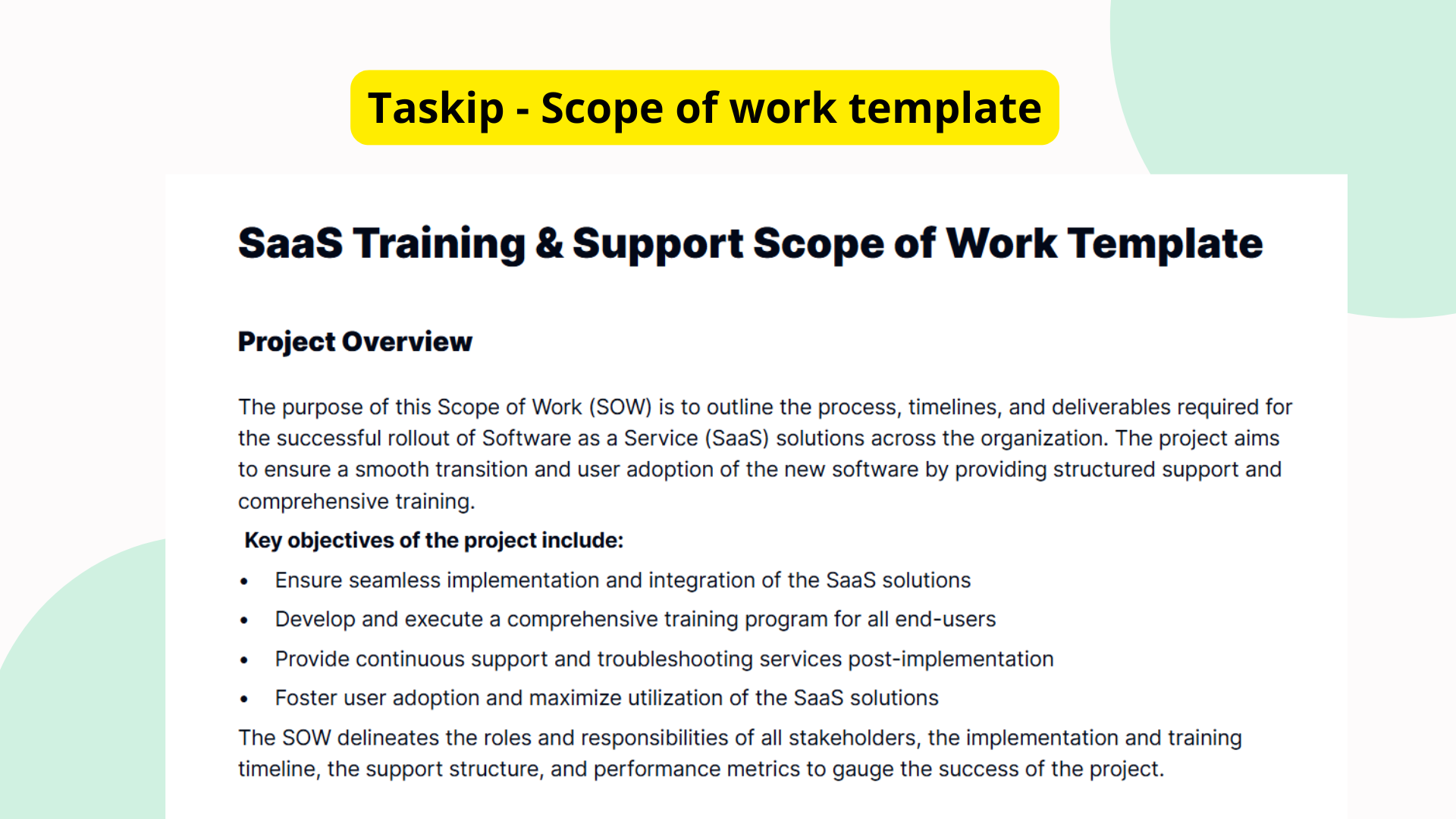 SaaS Training & Support Scope of Work Template | Taskip
