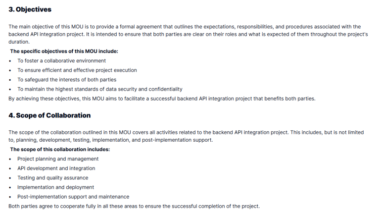 Backend API Integration MOU Template | Formalize Pre-Contract Deals