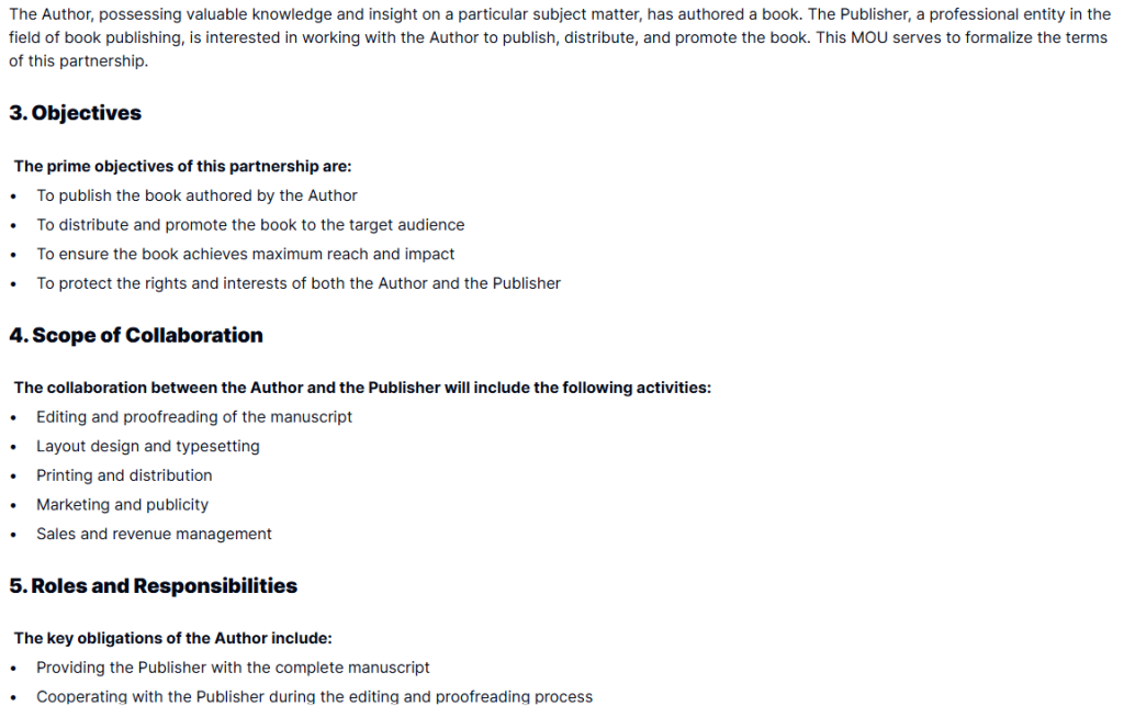 Book Publishing MOU Template showcasing objectives, collaboration scope, and roles for Author and Publisher partnership. Optimize your publishing agreement with clear terms for editing, layout design, printing, marketing, and revenue management. 