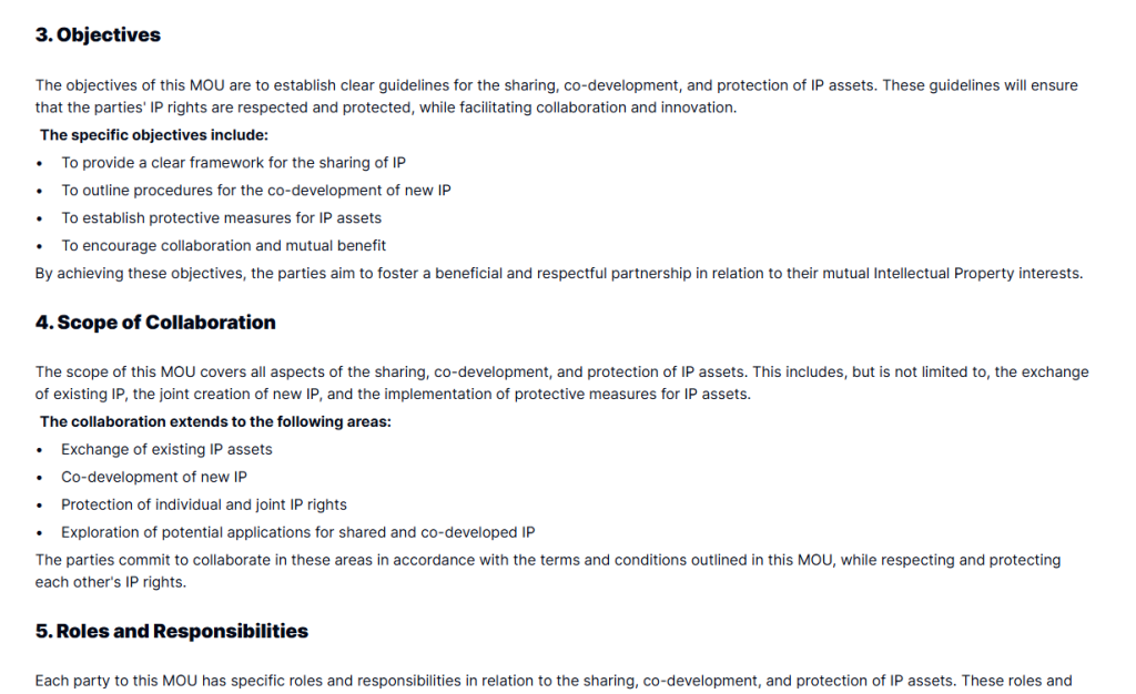 Intellectual Property MOU Template providing a clear, structured framework to outline roles, responsibilities, and terms for professional collaborations.