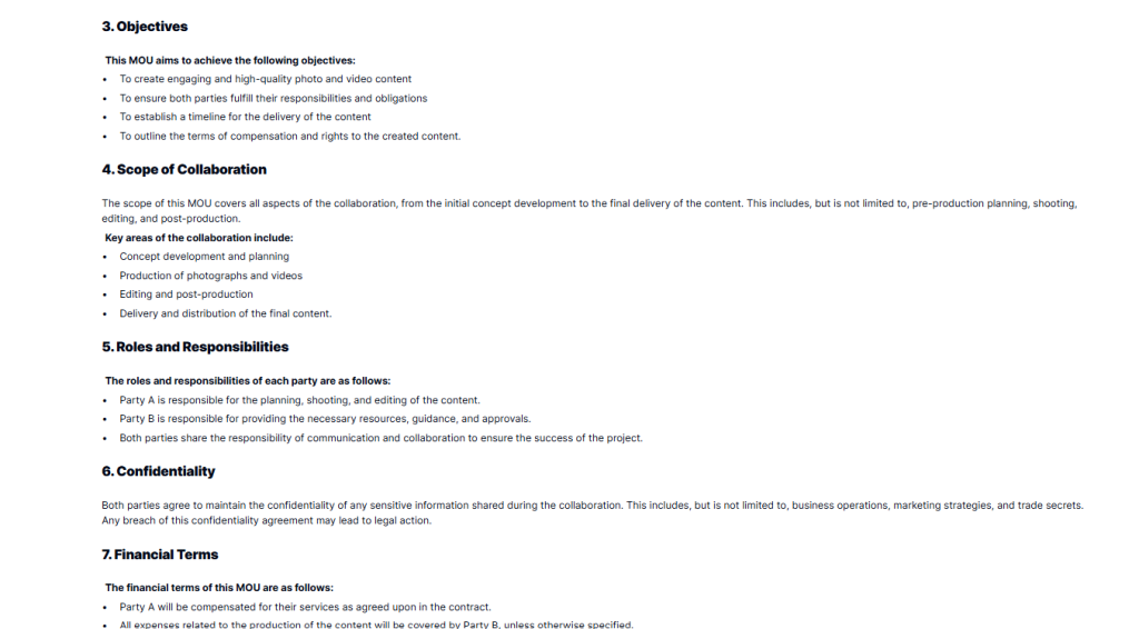 Photography and Videography MOU outlining objectives, scope of collaboration, roles and responsibilities, confidentiality, and financial terms