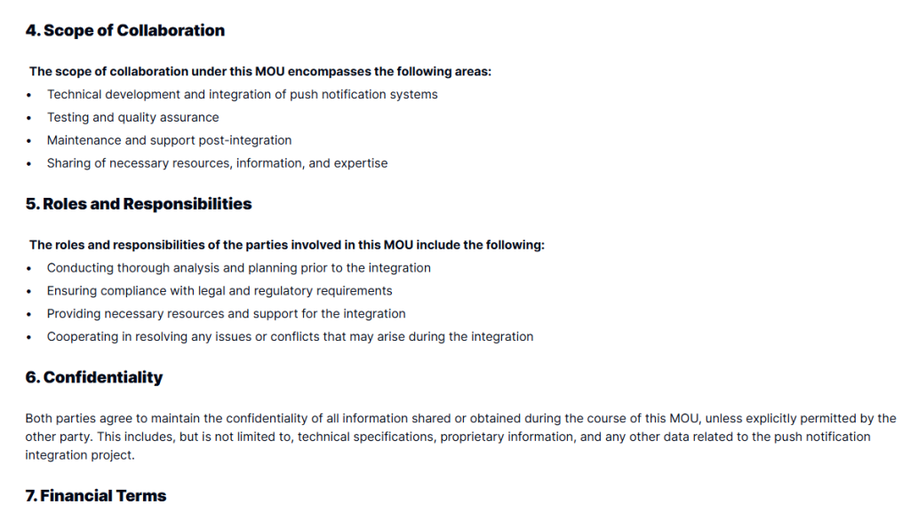 Push Notification Integration MOU Template for Business Agreements | Taskip