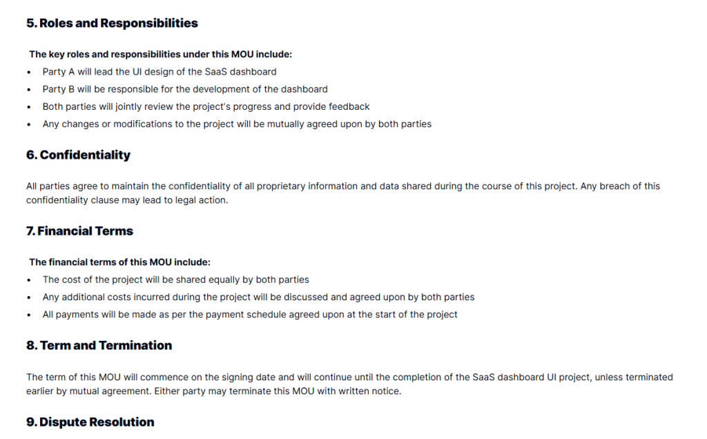 SaaS Dashboard UI MOU Template  Formalize Your Collaboration