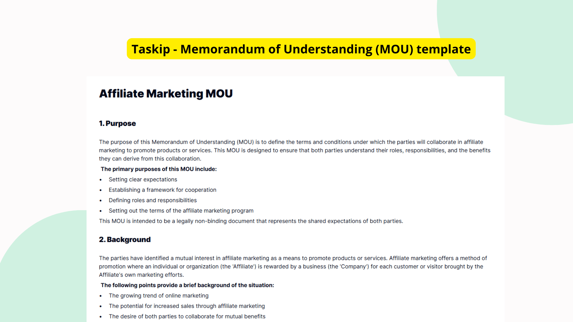 Mou Target Affiliate Marketing MOU Template for Professional Agreements | Taskip