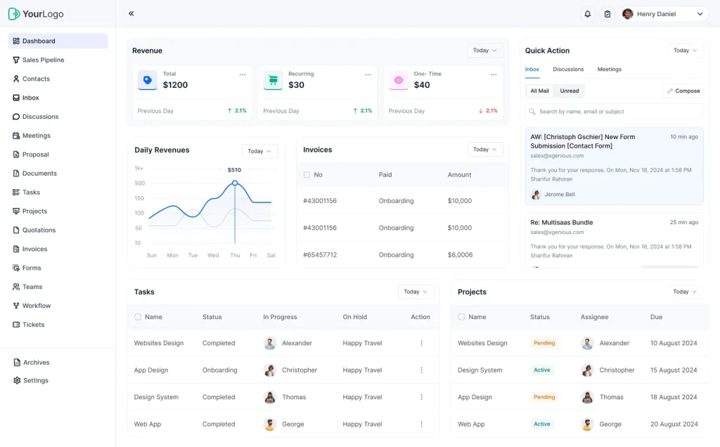 Client portal setup dashboard showing key features and navigation