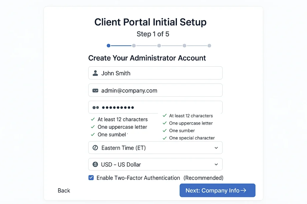 How to set up client portal administrator account screen