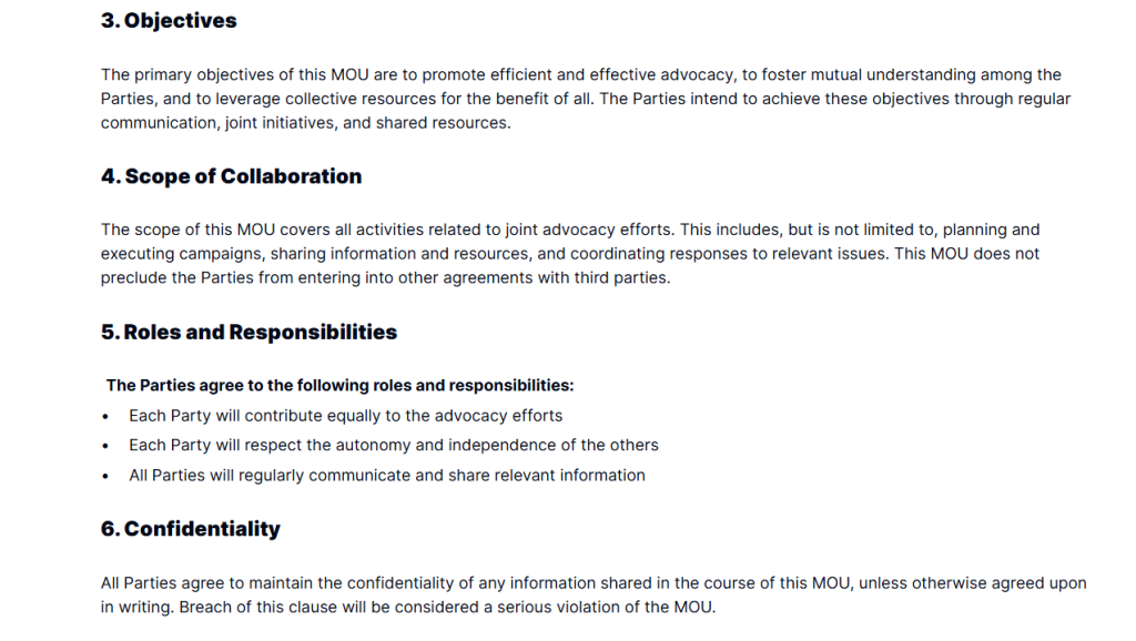 Remote Work Agreement MOU Template for Teams & Freelancers outlining objectives, scope, roles, and confidentiality clauses.
