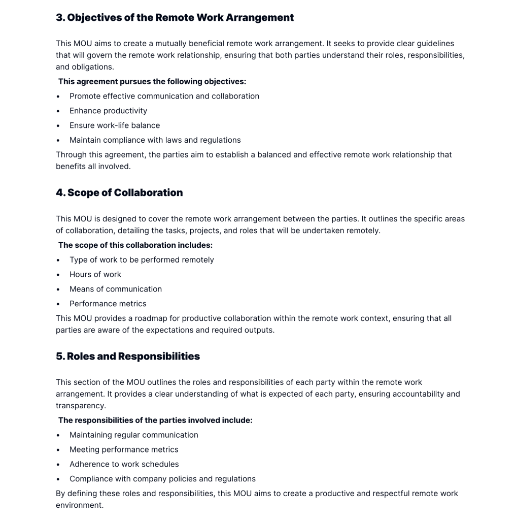Remote Work MOU template showing objectives, scope of collaboration, and roles and responsibilities