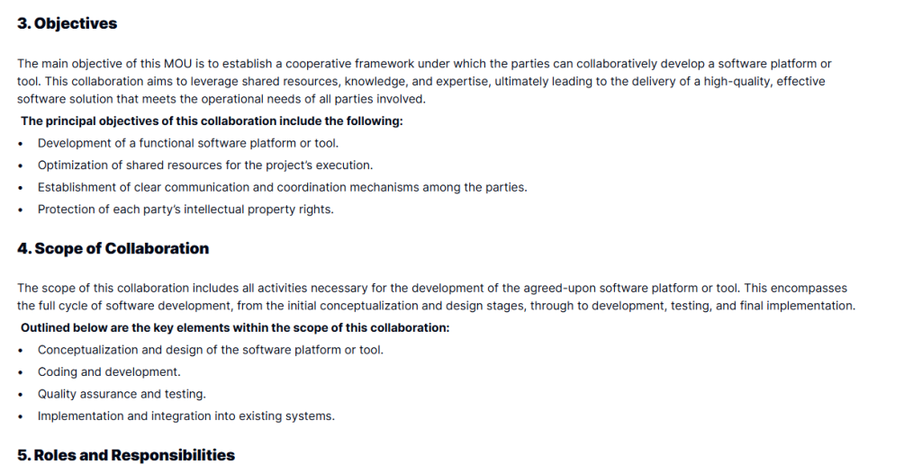 Software Development Collaboration MOU Template outlining objectives, scope, and roles for collaborative software platform or tool development.