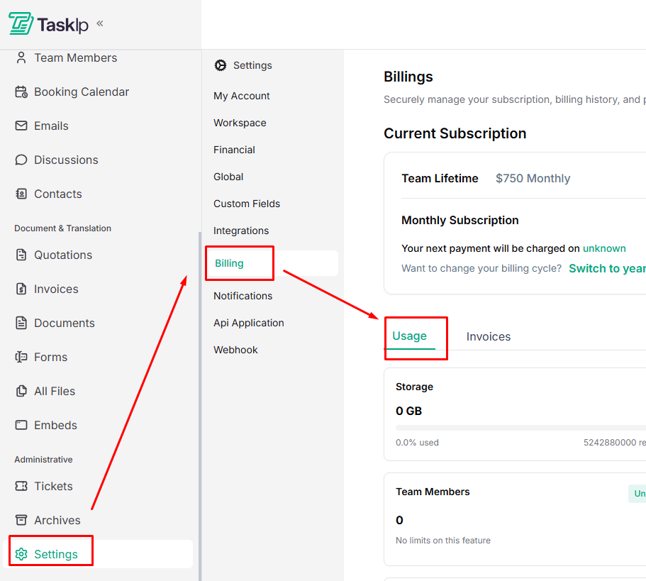 Taskip Billing history and usage monitoring