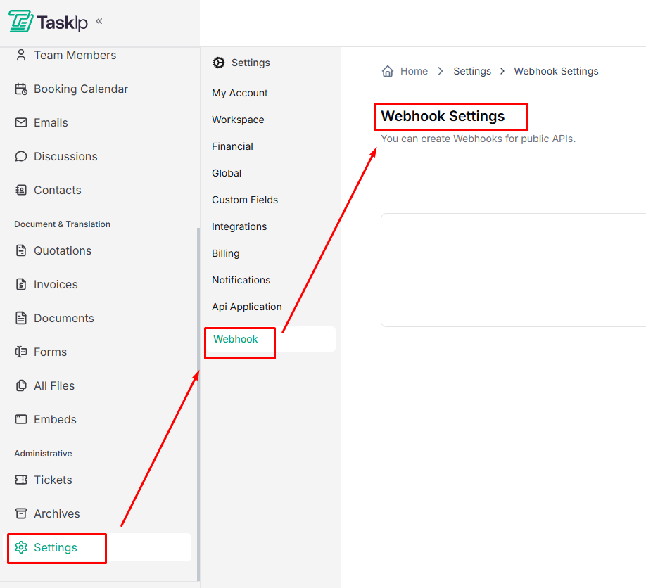Taskip Webhook Settings