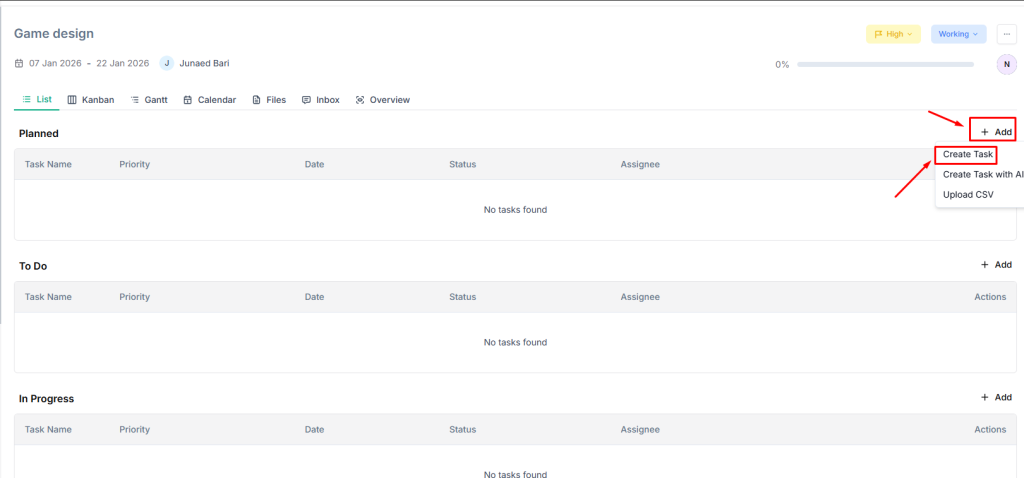 taskip manual task creating 