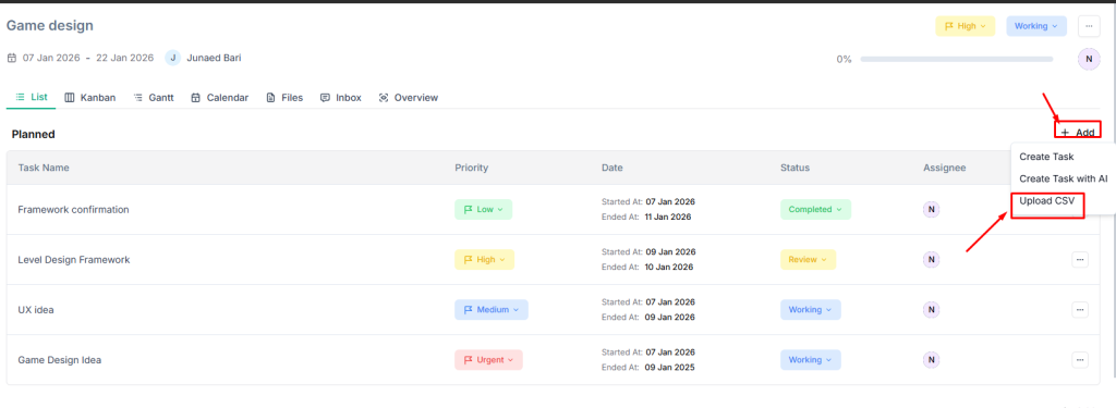 Import CSV in taskip