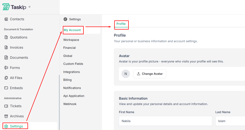 Navigate to Taskip Settings > My Account > Profile