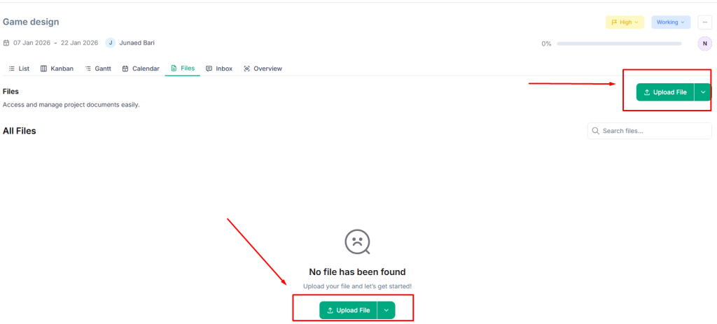 upload project files in taskip