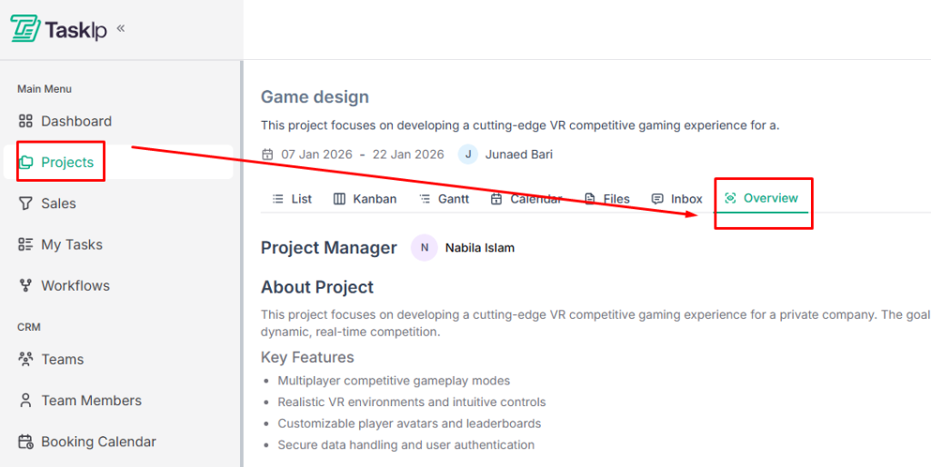 Accessing Project Overview in Taskip