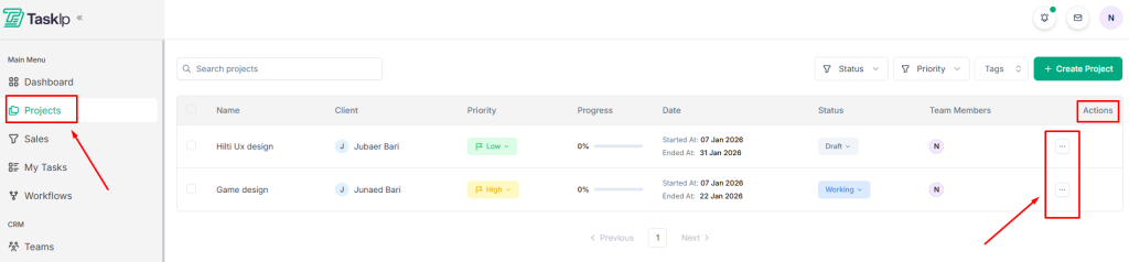 Editing a Project in Taskip
