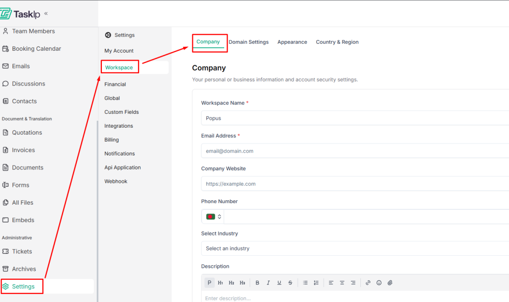 Taskip Company Settings