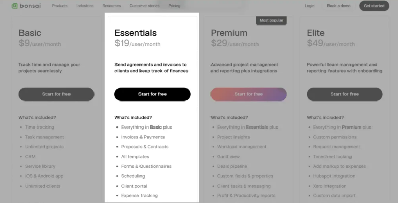 Bonsai Essentials at $25/user/month