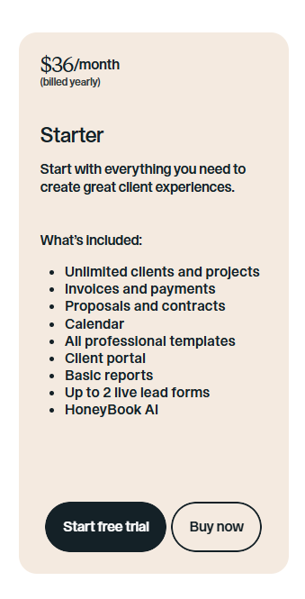 Starter HoneyBook Pricing