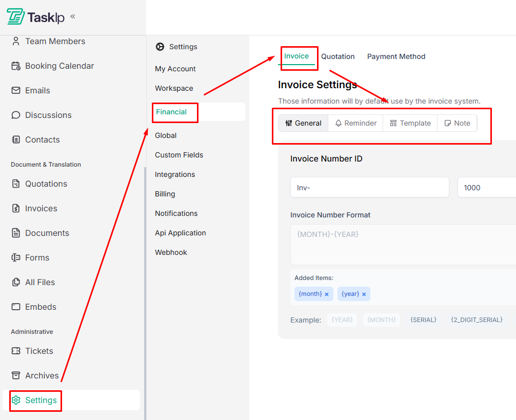 Taskip invoice configuration 