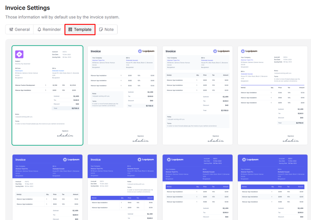 Taskip invoice templates