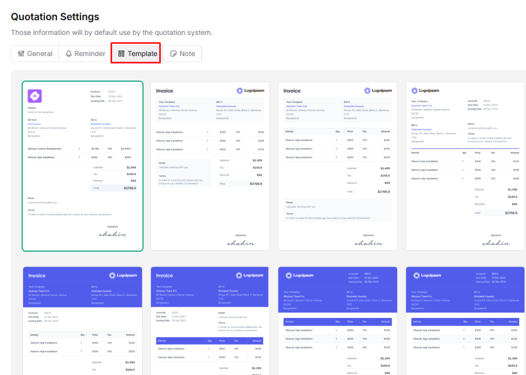 selecting templates for Taskip Quotation