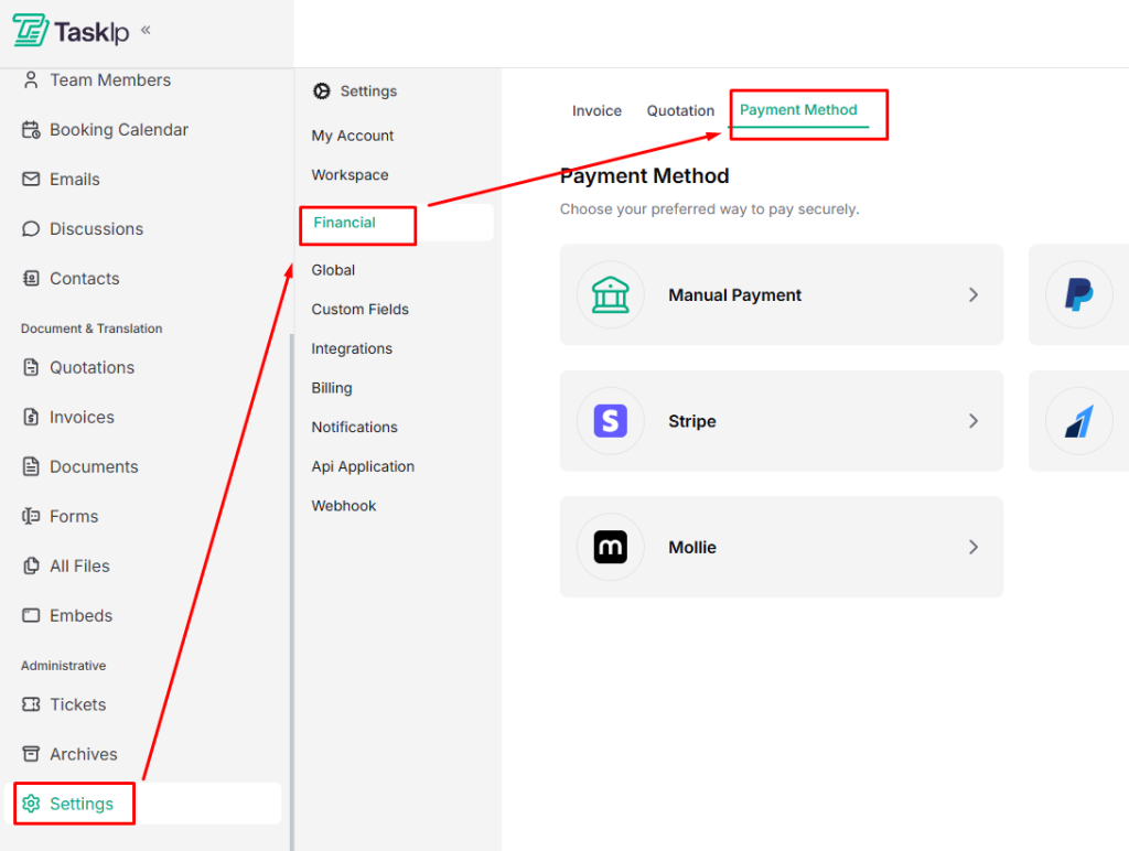 Taskip Payment Method Configuration