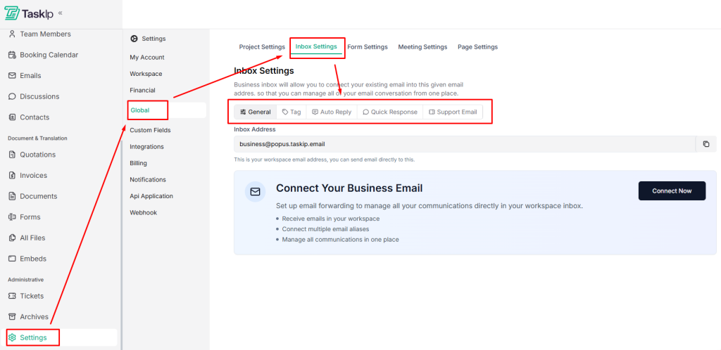 Taskip Inbox navigation