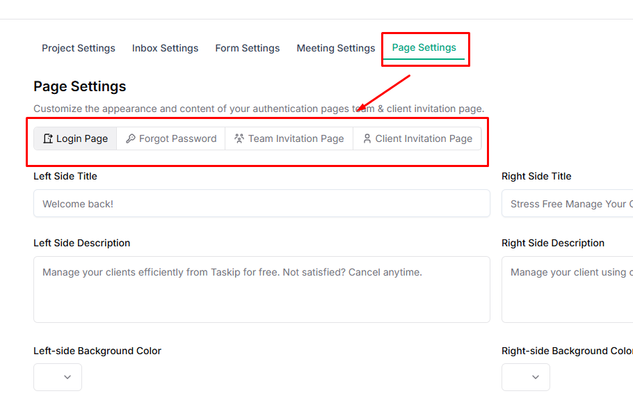 Taskip page settings