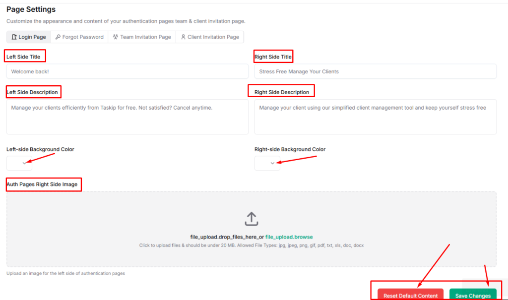 taskip page settings 