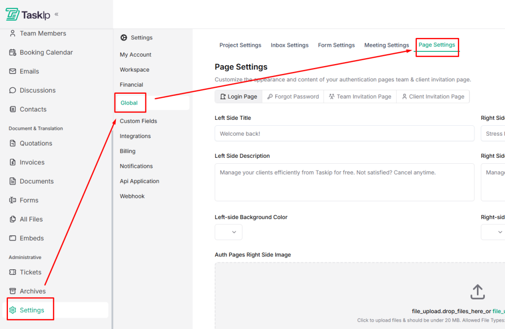 Page setting in taskip